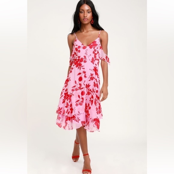 Lulus Valorous Vera Pink Floral Print Midi Dress Size Medium - Picture 1 of 12